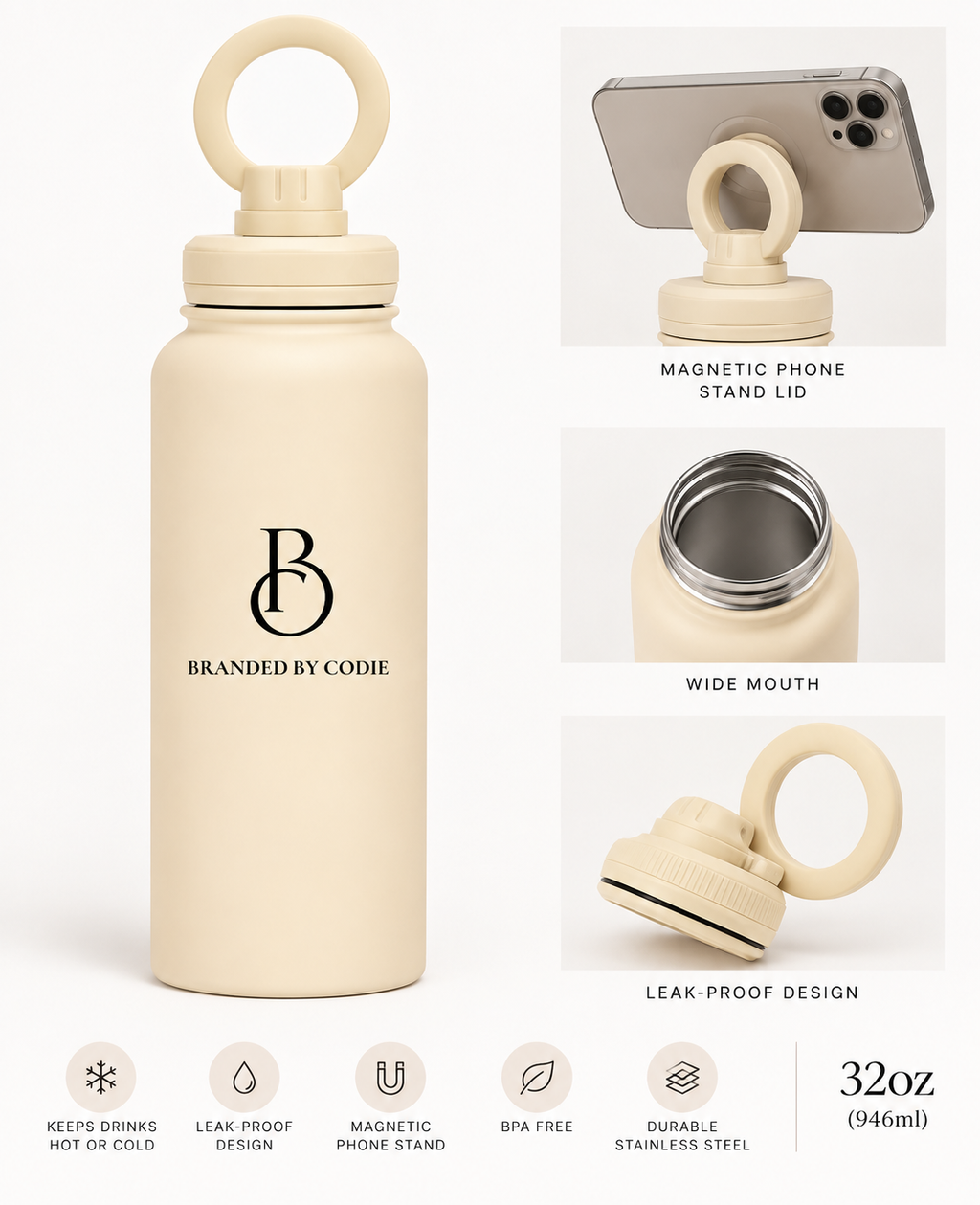 Insulated Sports Bottle 32oz with Magnetic Phone Stand